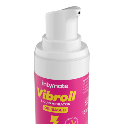 Óleo Estimulante Intymate Vibroil: Frasco cilíndrico de 15 ml com design minimalista e elegante em tons de roxo e dourado, destacando o acabamento premium da linha.