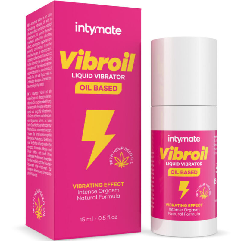 Óleo Estimulante Intymate Vibroil: Frasco cilíndrico de 15 ml com design minimalista e elegante em tons de roxo e dourado, destacando o acabamento premium da linha.