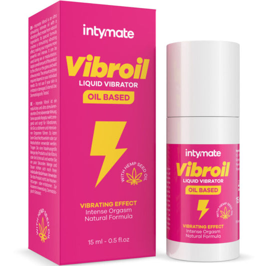 Óleo Estimulante Intymate Vibroil: Frasco cilíndrico de 15 ml com design minimalista e elegante em tons de roxo e dourado, destacando o acabamento premium da linha.