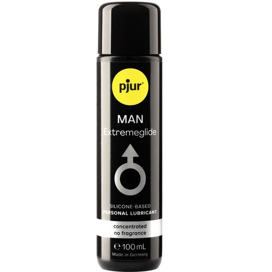 Frasco de lubrificante de silicone pjur MAN Premium 100 ml sobre fundo neutro.