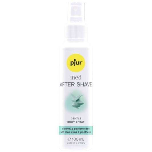 pjur med After Shave Spray 100 ml: Vista frontal do frasco cilíndrico minimalista com a faixa azul e o design clínico característico da linha pjur med, transmitindo a segurança e o prestígio de um dermo-cosmético de farmácia premium.