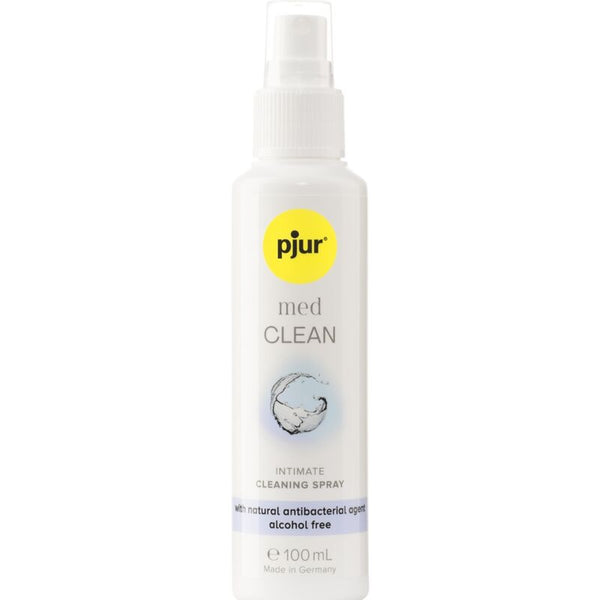pjur med Limpador Spray 100 ml: Vista frontal da embalagem cilíndrica branca com a icónica cruz azul da linha pjur med, transmitindo uma estética de farmácia premium, clínica e de alta confiança.