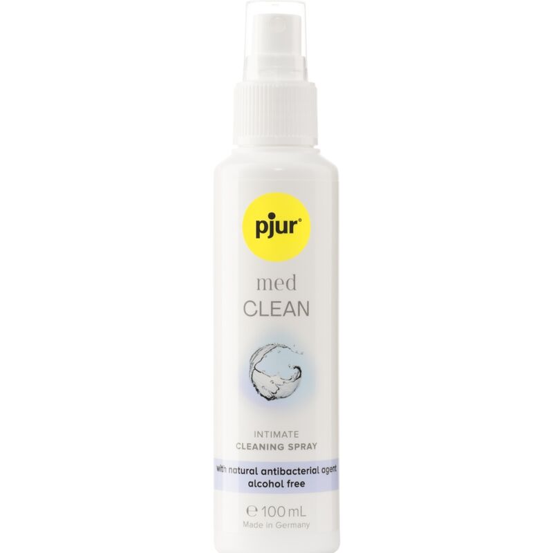 pjur med Limpador Spray 100 ml: Vista frontal da embalagem cilíndrica branca com a icónica cruz azul da linha pjur med, transmitindo uma estética de farmácia premium, clínica e de alta confiança.