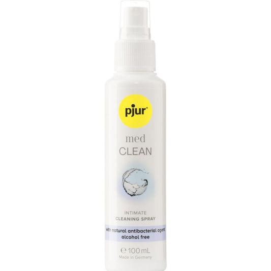 pjur med Limpador Spray 100 ml: Vista frontal da embalagem cilíndrica branca com a icónica cruz azul da linha pjur med, transmitindo uma estética de farmácia premium, clínica e de alta confiança.